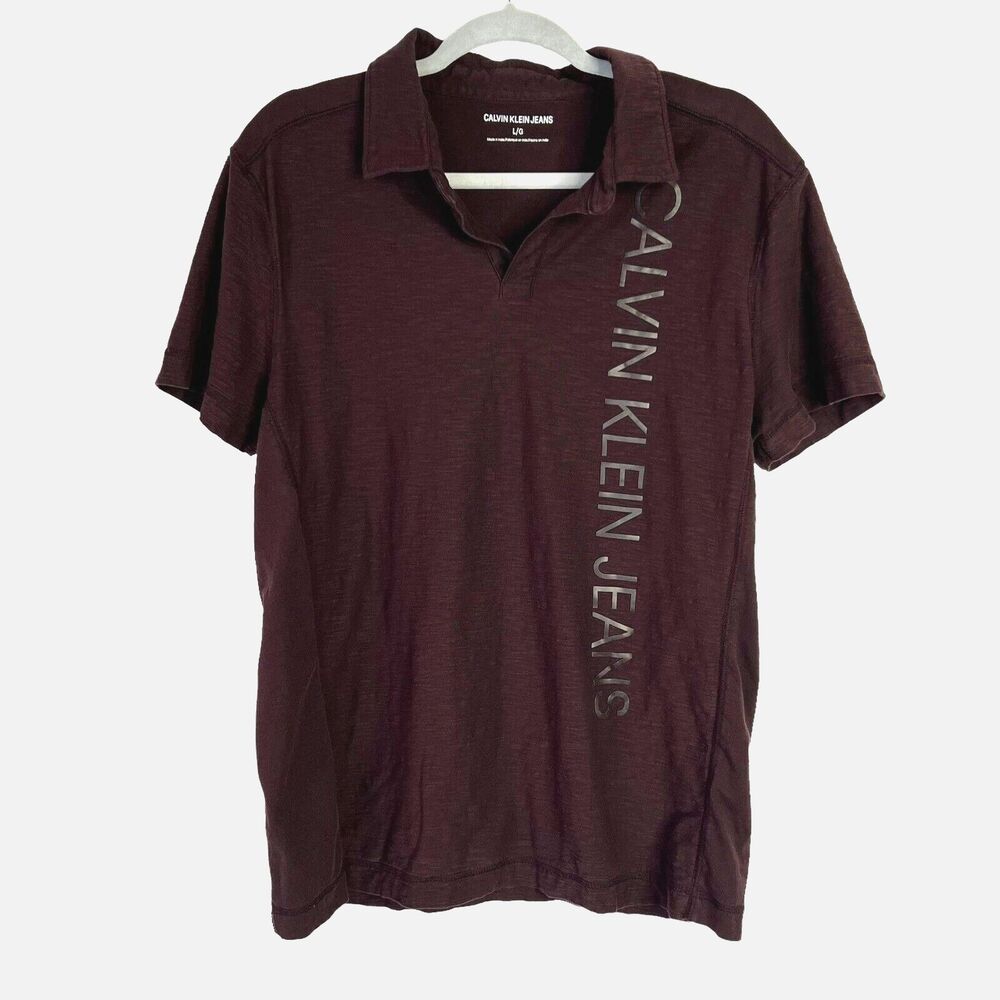 Calvin Klein Jeans Men’s Size Large Maroon Cotton Polo Shirt Open V Neck